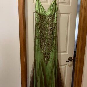 Faviana Couture Womans Gown Beaded/Green/Brown Size 8 EUC